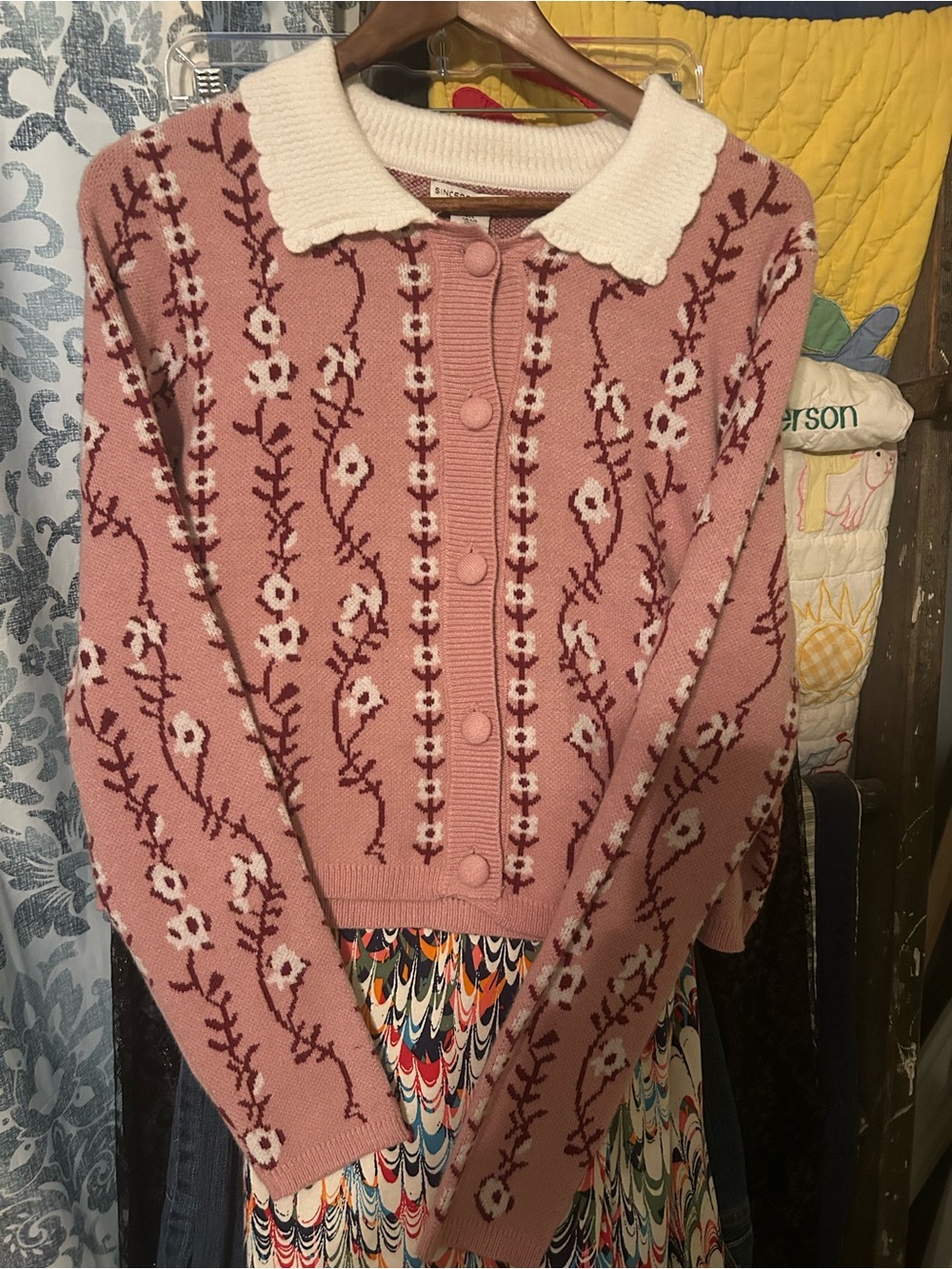 Sincerly Jules Dusty Pink Floral Jacquard Cardigan with Cream Collar